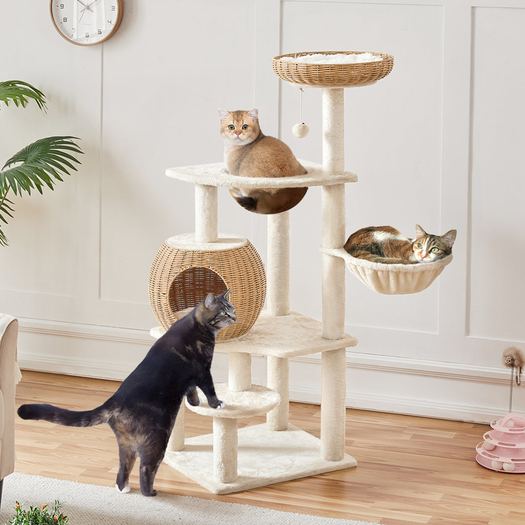 Rattan Cat Tree with Soft Cushion - Beige / 48cm