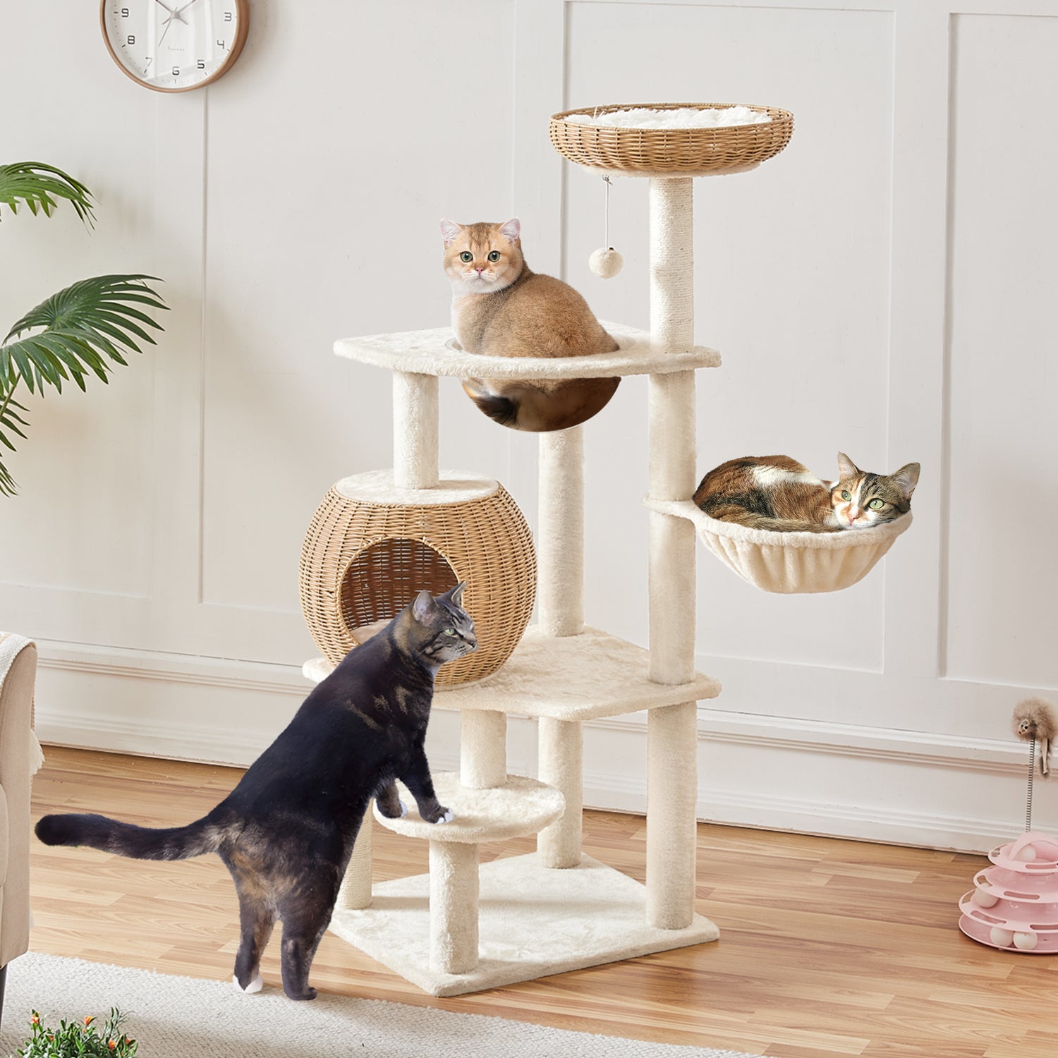 Rattan Cat Tree with Soft Cushion - Beige / 48cm