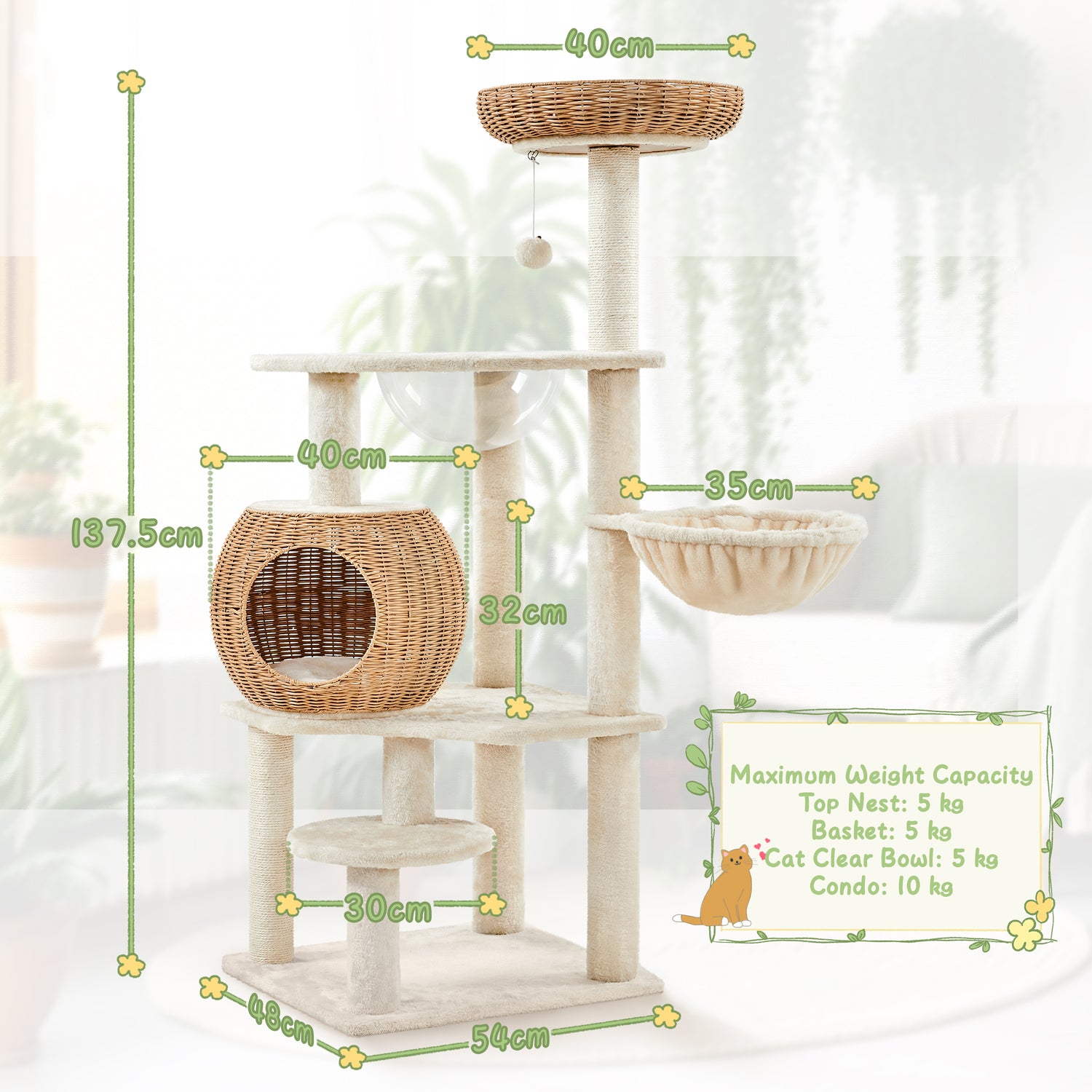 Rattan Cat Tree with Soft Cushion - Beige / 48cm