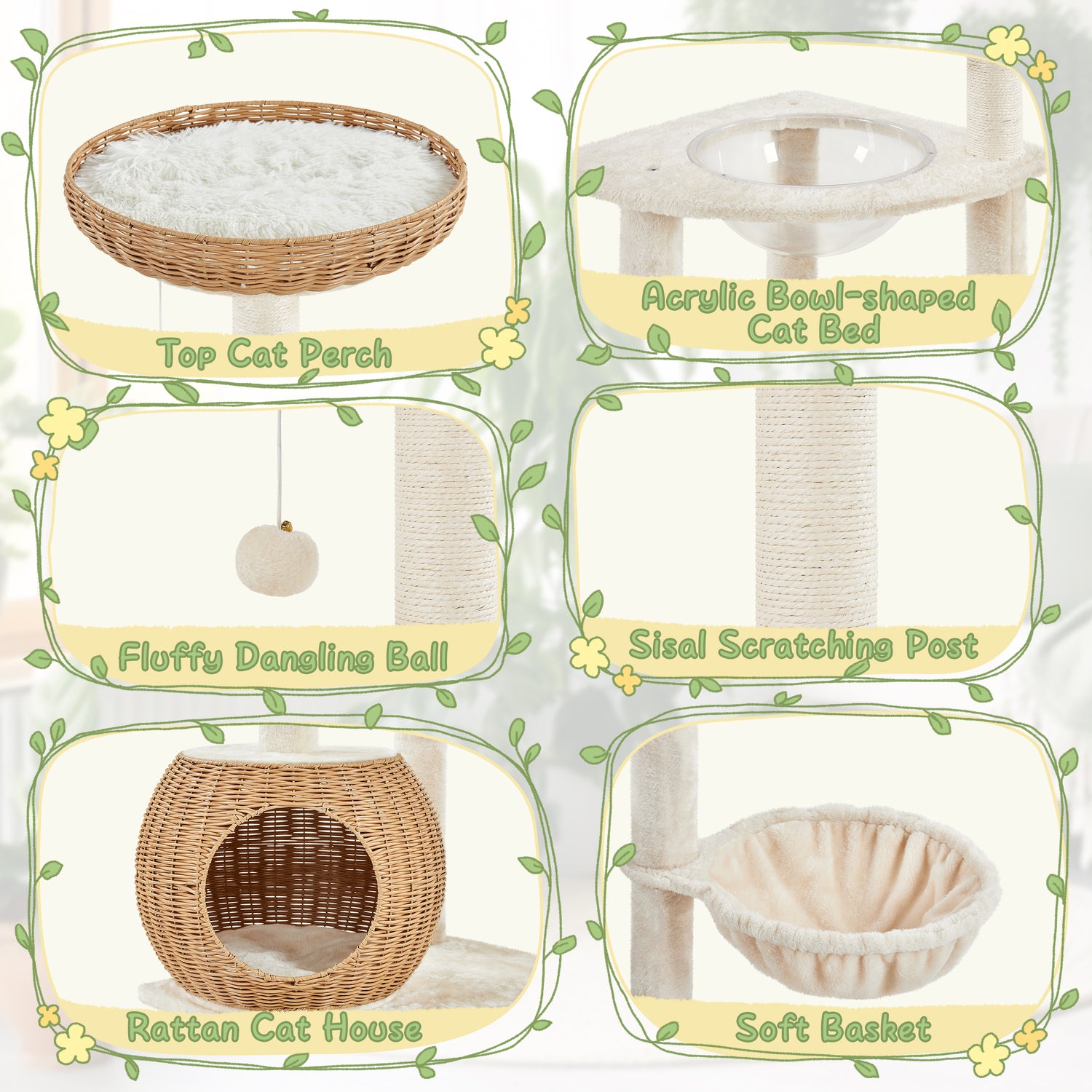 Rattan Cat Tree with Soft Cushion - Beige / 48cm