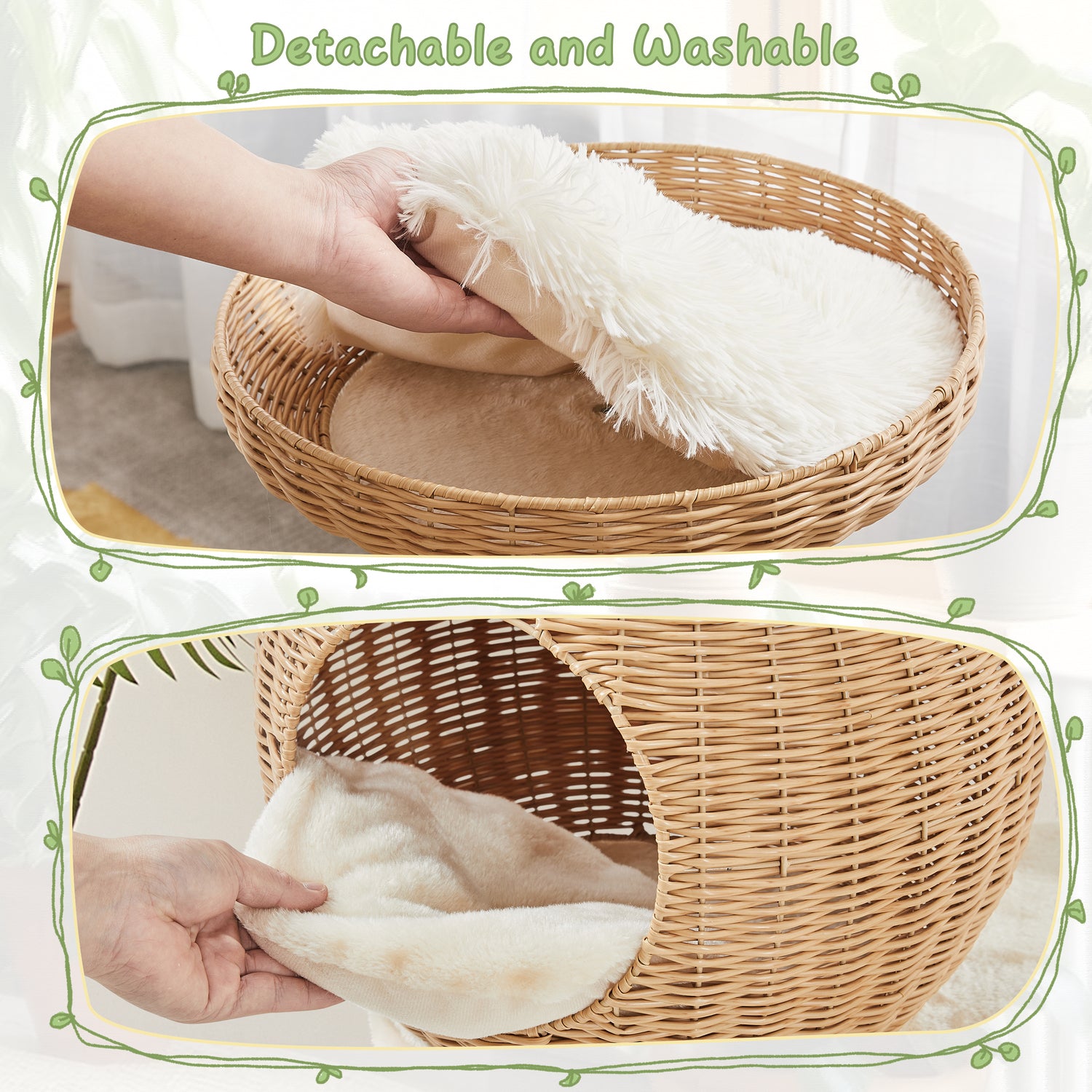 Rattan Cat Tree with Soft Cushion - Beige / 48cm
